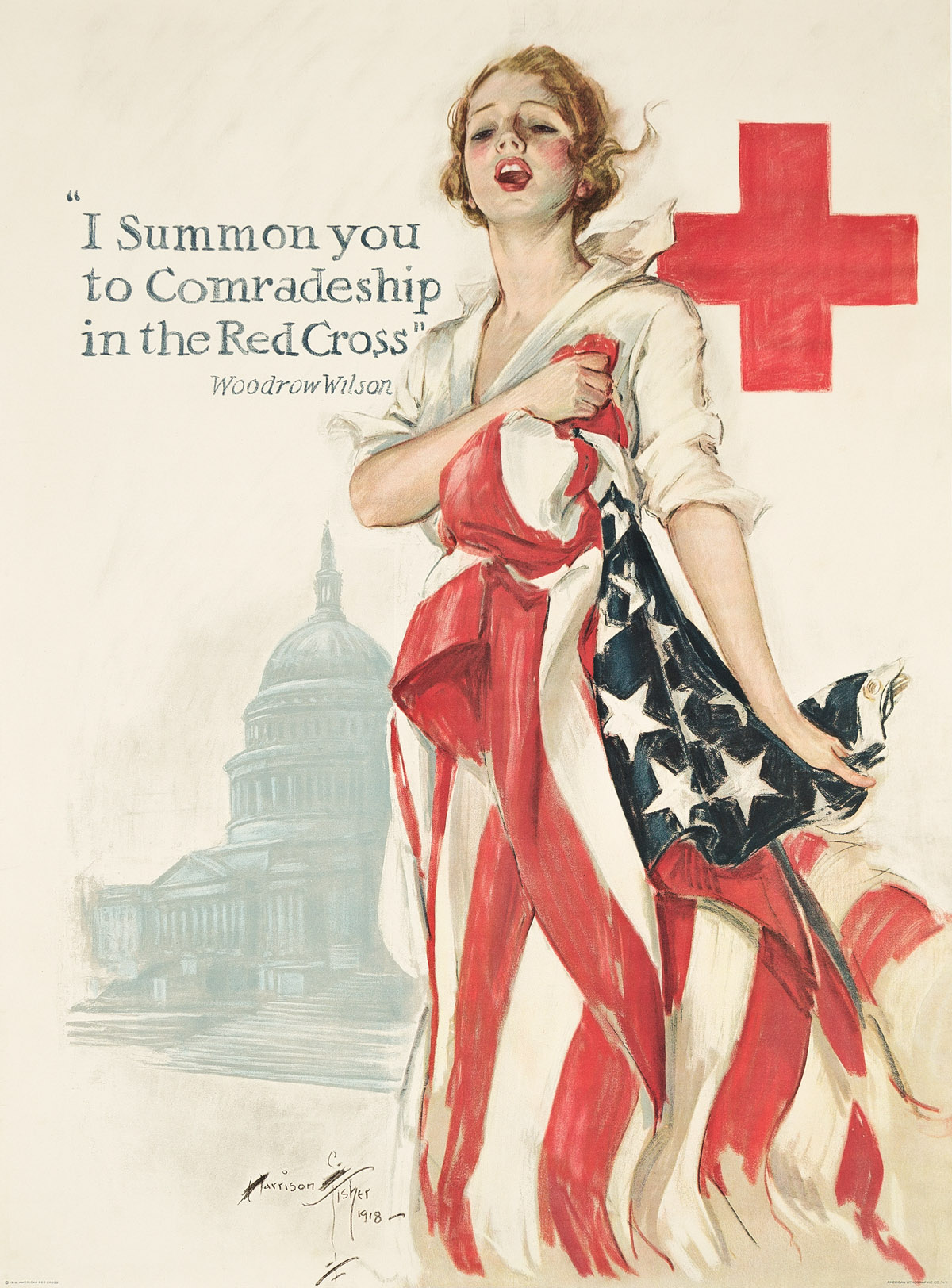 HARRISON FISHER (1875-1934).  I SUMMON YOU TO COMRADESHIP IN THE RED CROSS. 1918. 40x29½ inches, 101½x75 cm. American Lithographic Co